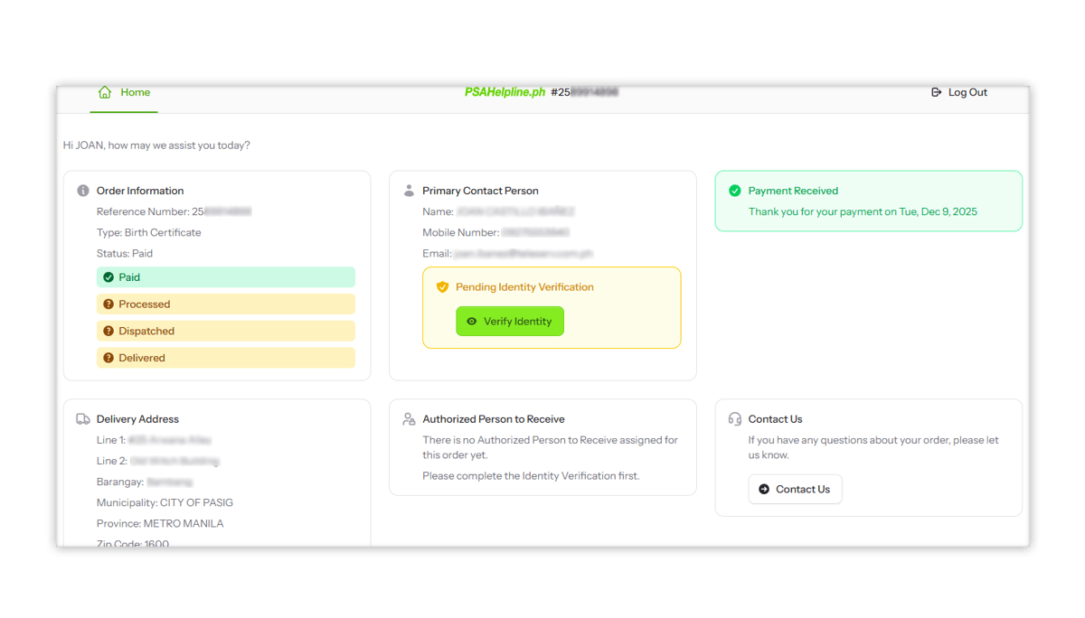 PSAHelpline portal view showing the 'Pending Identity Verification' status and the green 'Verify Identity' button.